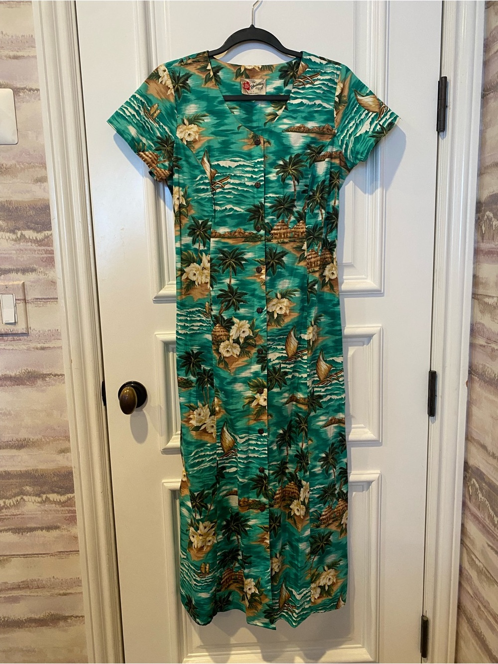 Hilo Hattie Tropical Teal Hawaiian Button-Front Dress - Picture 2 of 5